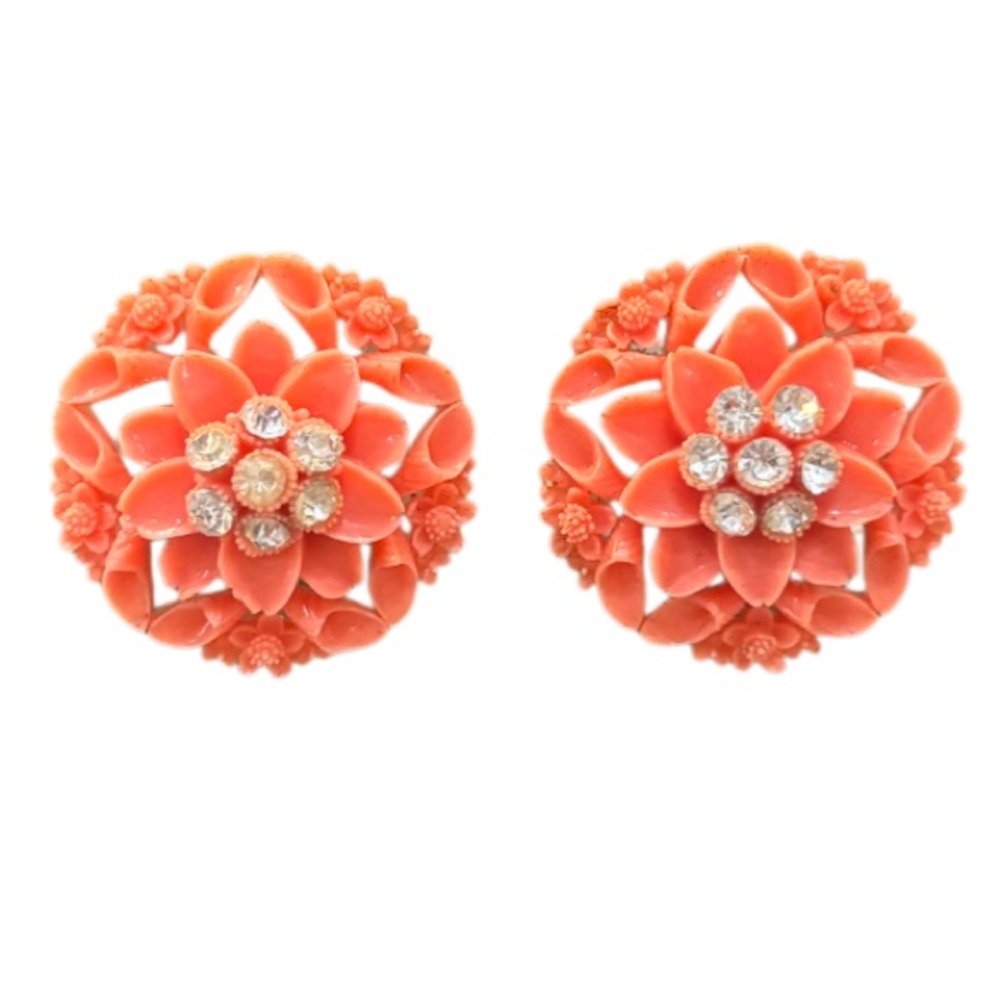 Vintage Earrings Clip On Coral Celluloid Flower Victorian MCM Vintage Jewelry - Picture 11 of 15